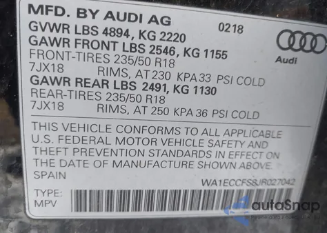 2018 Audi Q3 2.0T Premium/2.0T Sport Premium z USA, uszkodzony, nr VIN WA1ECCFS8JR027042